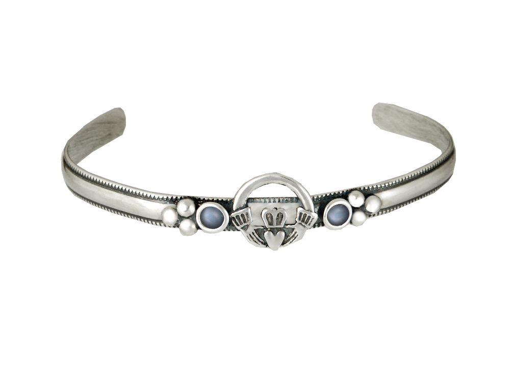 Sterling Silver Claddagh Cuff Bracelet With Grey Moonstone